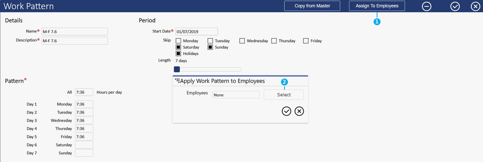 The Apply Work Pattern to Employees dialog in biotime, annotated: 1 the Assign To Employees button that opens this dialog, 2 the Select button that opens the employee picker, 3 the Pattern column showing what each employee is currently on.