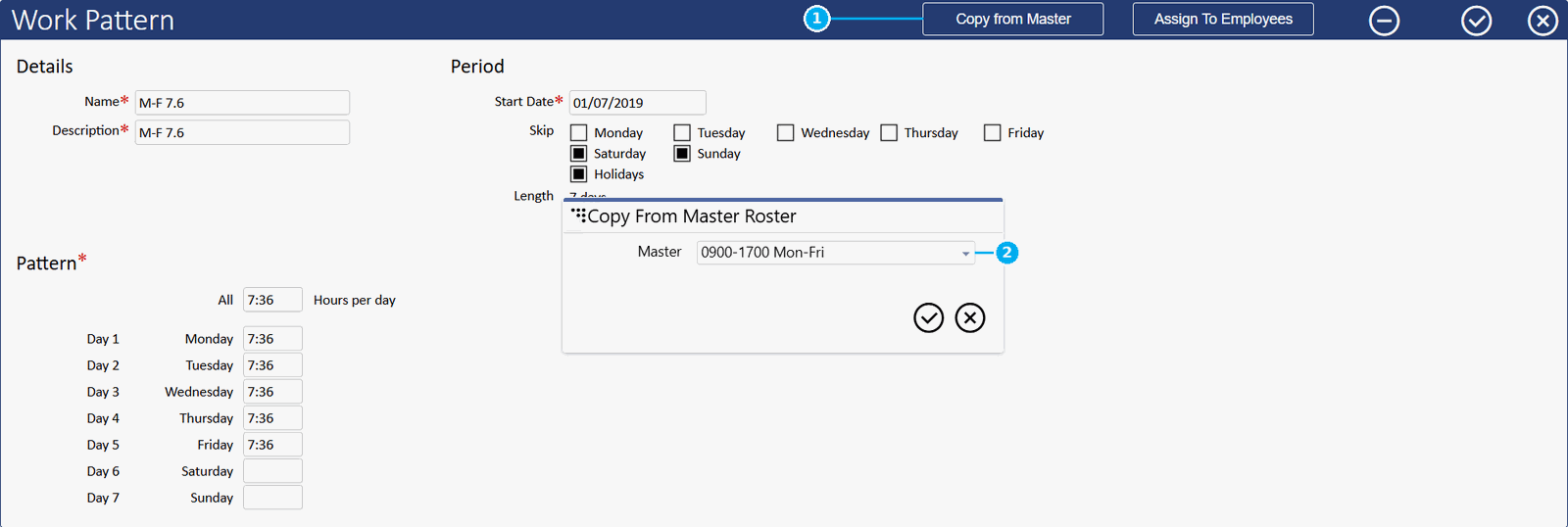 The Copy From Master Roster dialog in biotime, annotated: 1 the Copy from Master button that opens this dialog, 2 the Master dropdown used to pick which Master Roster to copy from.
