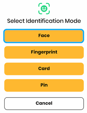 The bt505's Select Identification Mode screen with Face, Fingerprint, Card and Pin options. The bt505's Select Identification Mode screen with Face, Fingerprint, Card and Pin options.